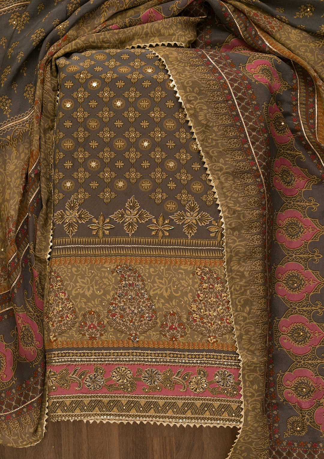 Grey Sequins Crepe Unstitched Salwar Kameez-Koskii