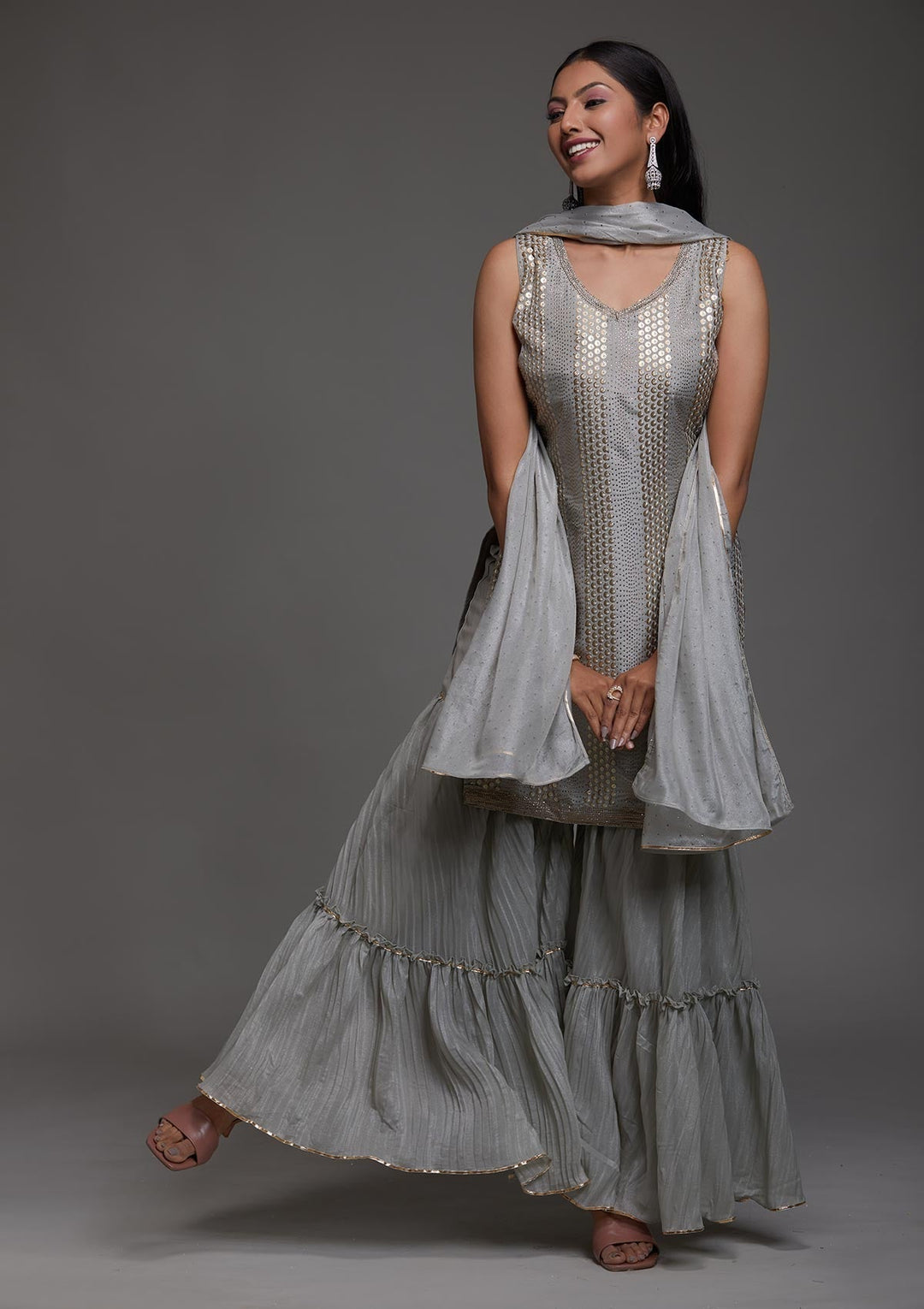 Grey Sequins Semi Crepe Designer Salwar Suit-Koskii