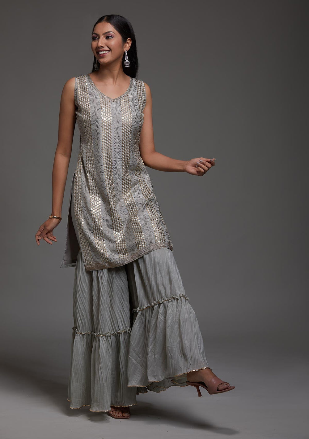 Grey Sequins Semi Crepe Designer Salwar Suit-Koskii
