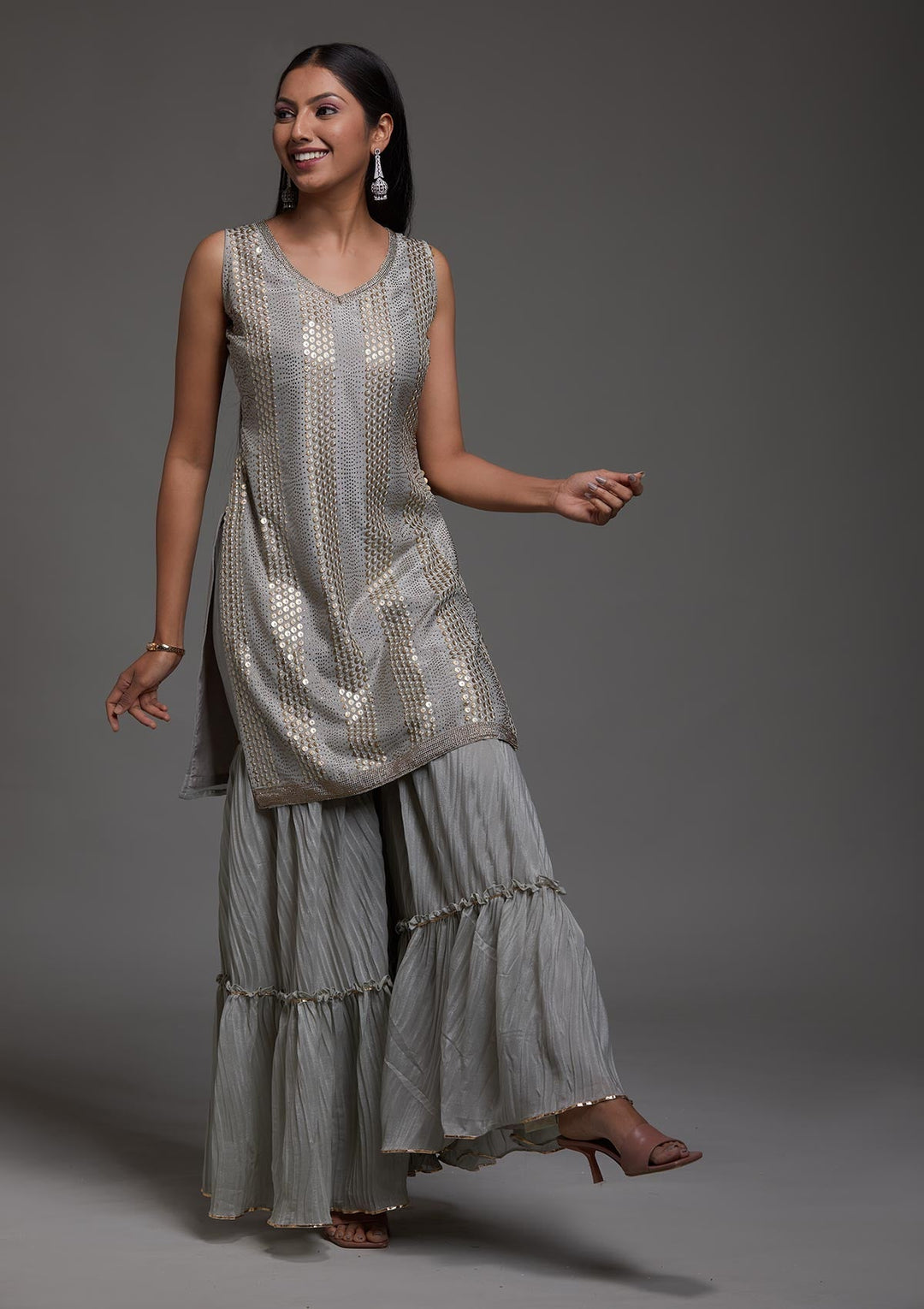 Grey Sequins Semi Crepe Designer Salwar Suit-Koskii
