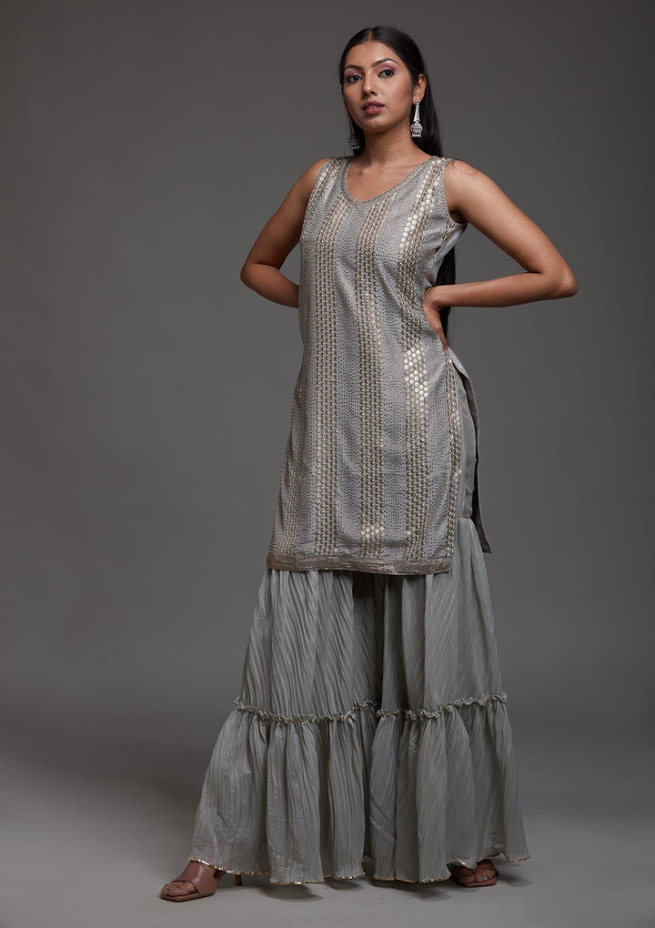Grey Sequins Semi Crepe Designer Salwar Suit-Koskii