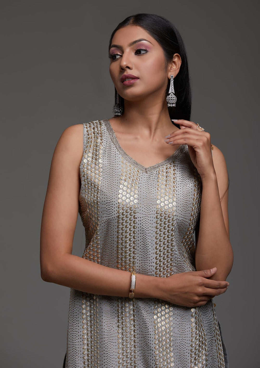 Grey Sequins Semi Crepe Designer Salwar Suit-Koskii
