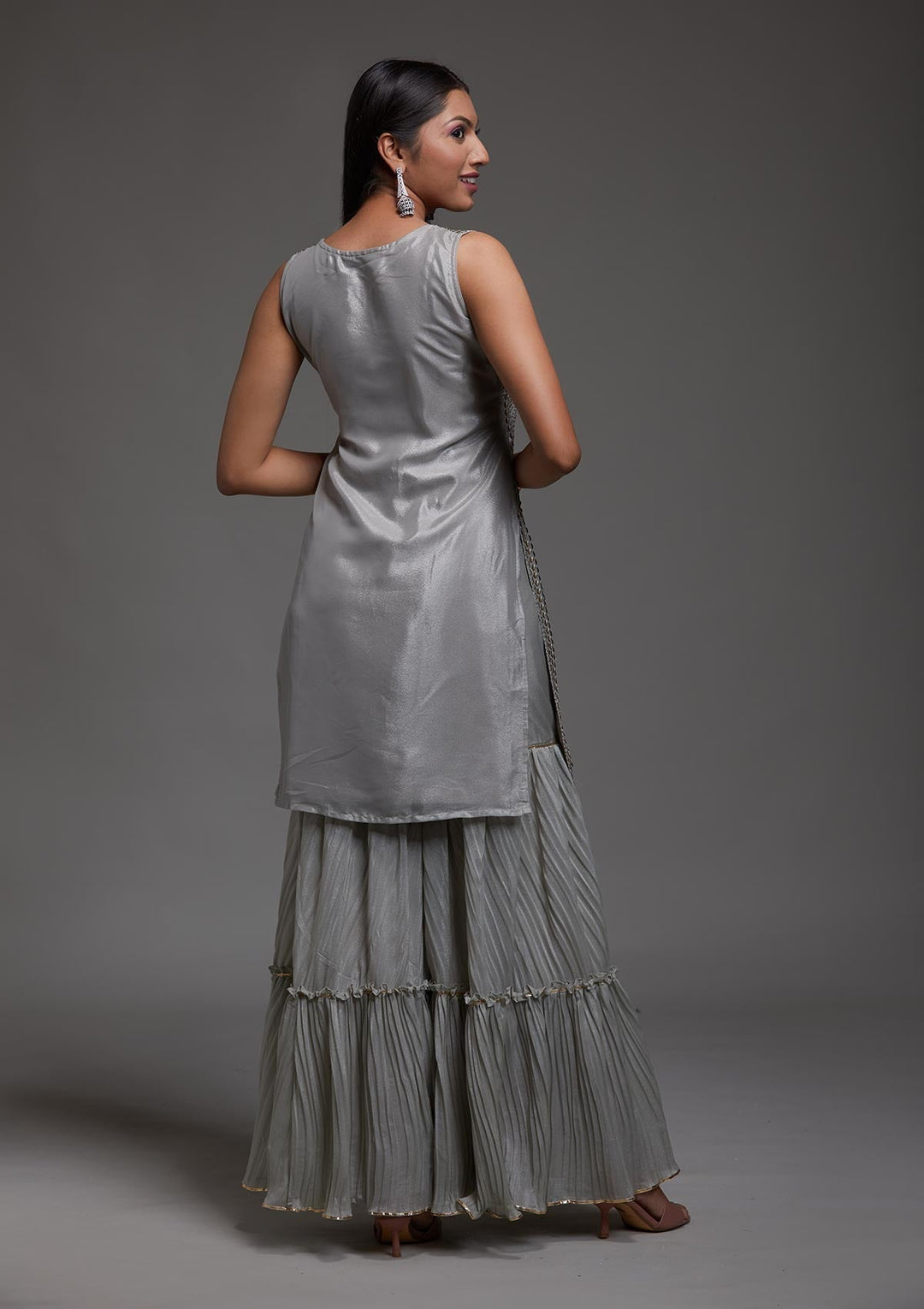 Grey Sequins Semi Crepe Designer Salwar Suit-Koskii