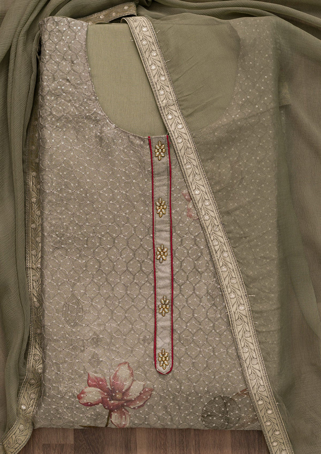 Grey Sequins Georgette Semi-Stitched Salwar Suit-Koskii