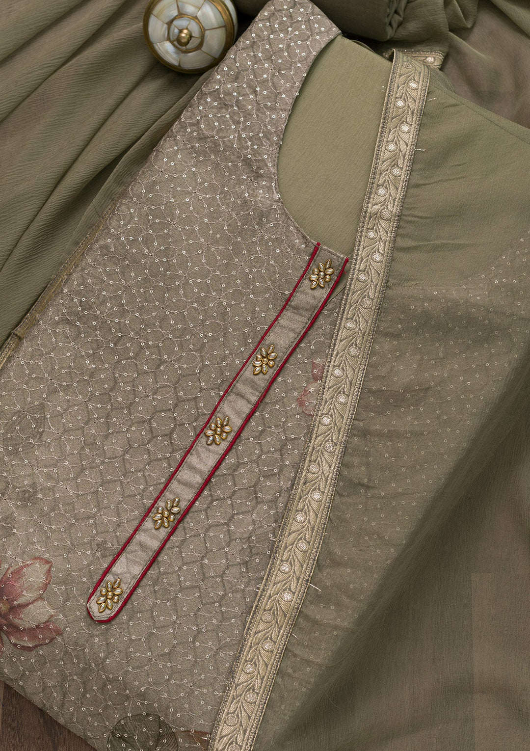 Grey Sequins Georgette Semi-Stitched Salwar Suit-Koskii