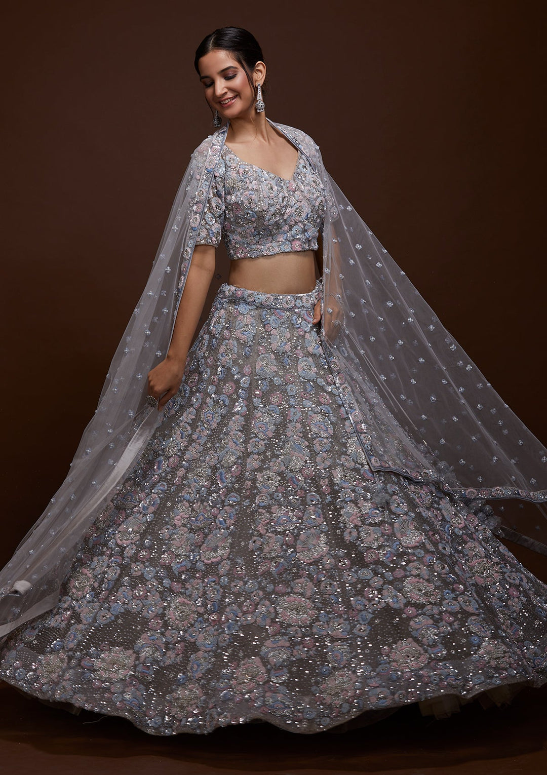 Grey Sequins Net Lehenga-Koskii