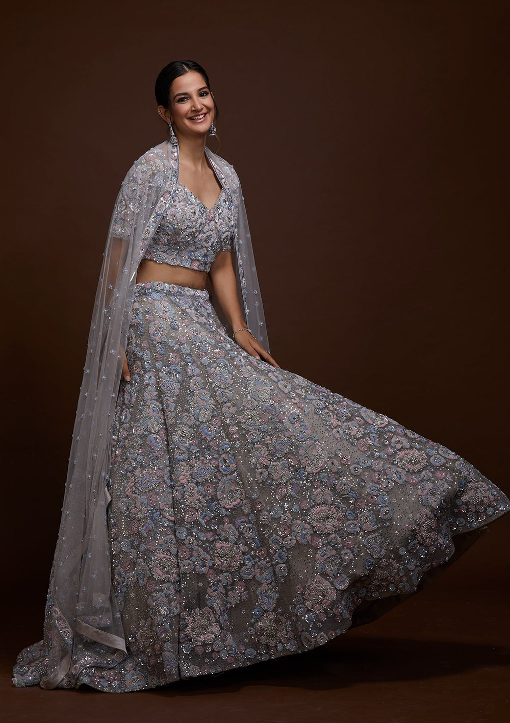 Grey Sequins Net Lehenga-Koskii