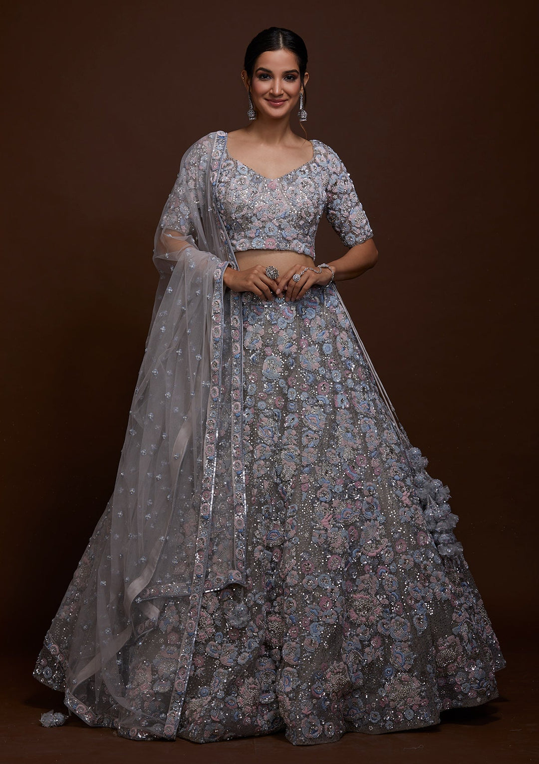 Grey Sequins Net Lehenga-Koskii