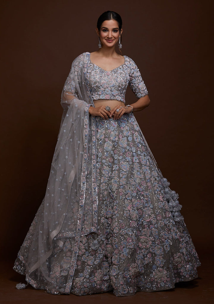 Grey Sequins Net Lehenga-Koskii