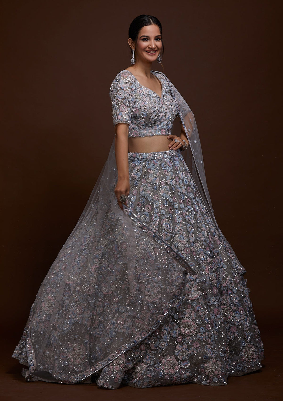 Grey Sequins Net Lehenga-Koskii