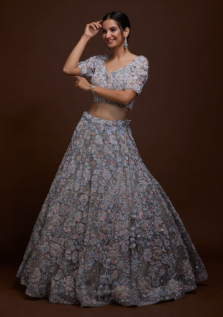 Grey Sequins Net Lehenga-Koskii