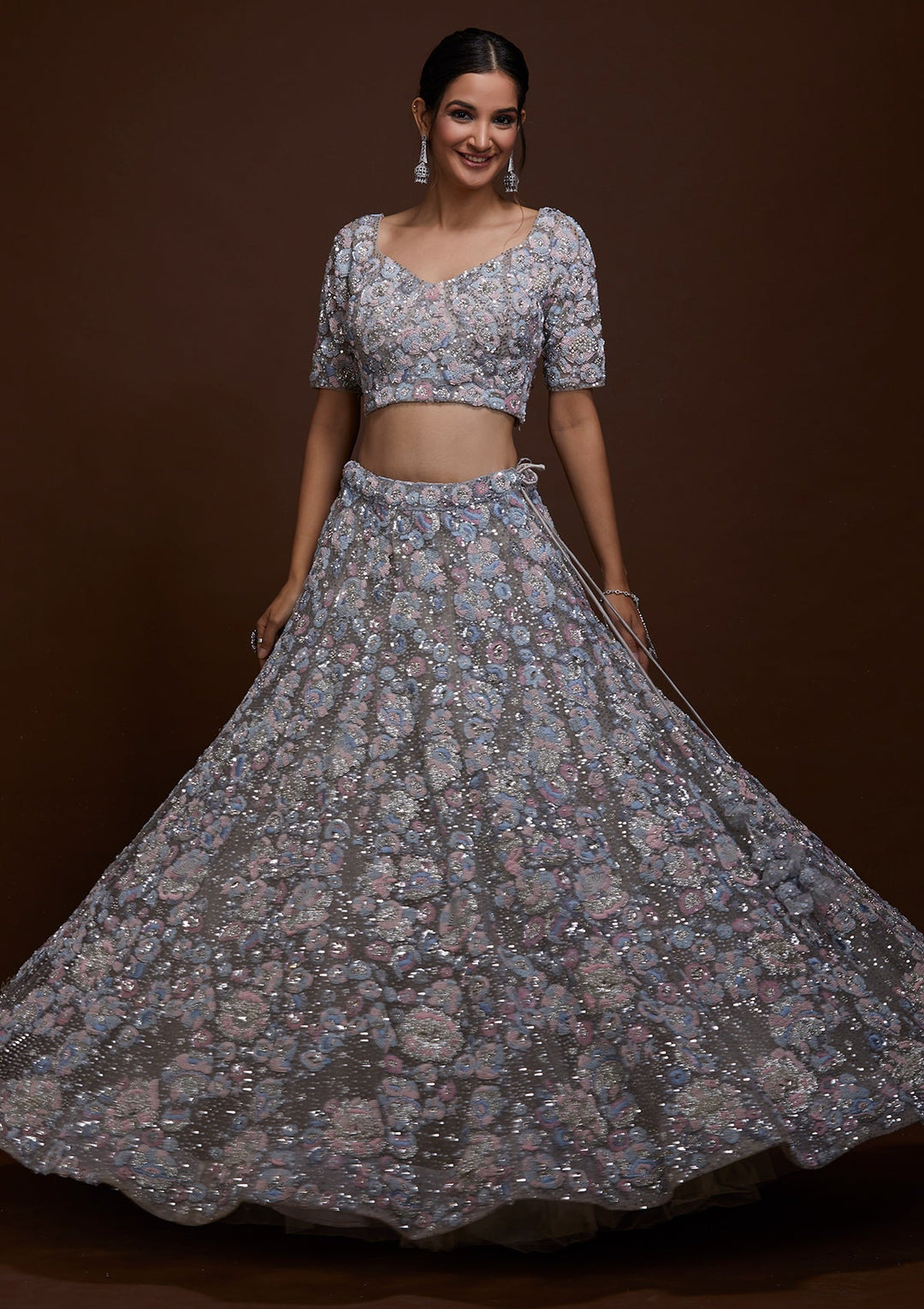 Grey Sequins Net Lehenga-Koskii