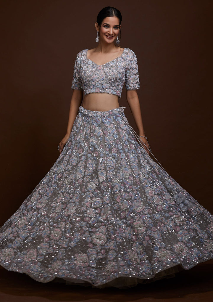 Grey Sequins Net Lehenga-Koskii