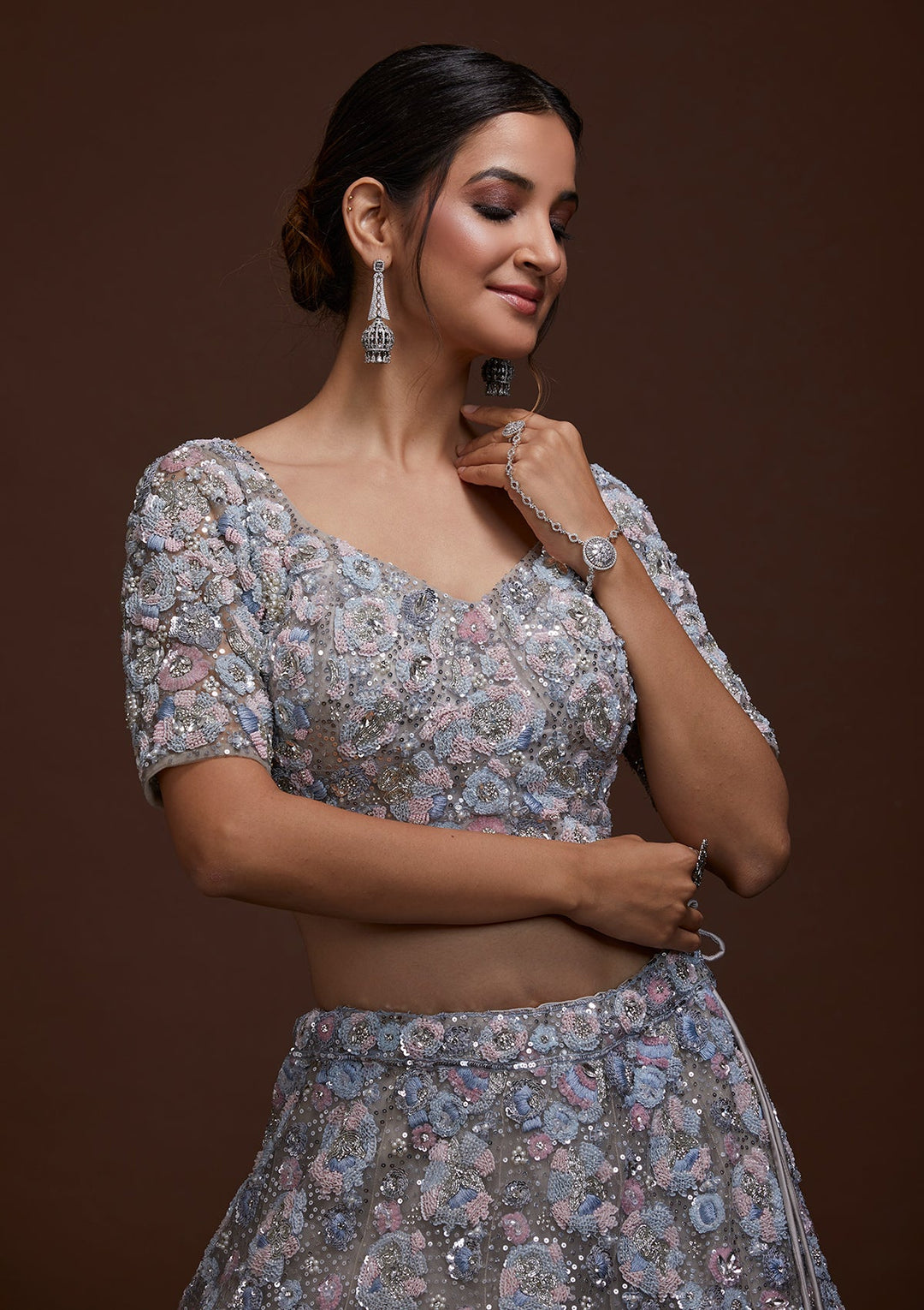 Grey Sequins Net Lehenga-Koskii