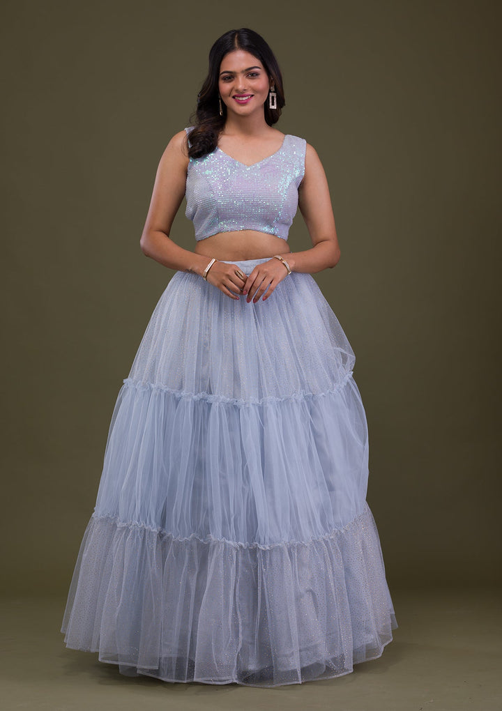 Grey Sequins Net Readymade Lehenga-Koskii