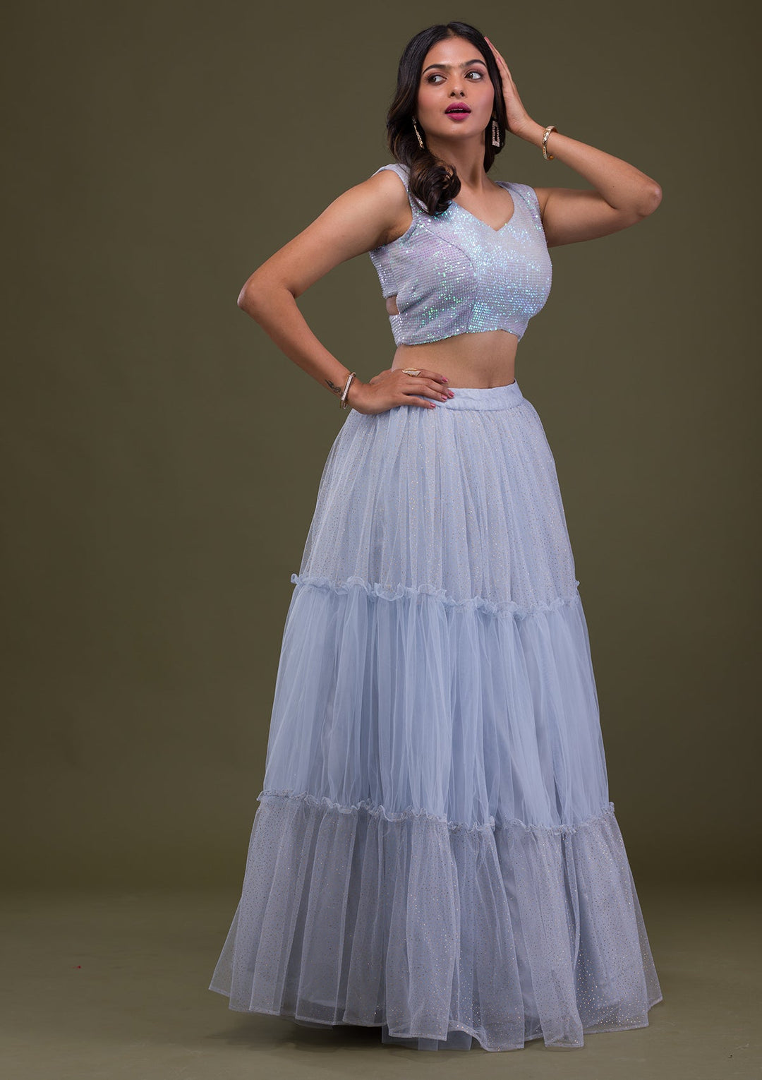 Grey Sequins Net Readymade Lehenga-Koskii