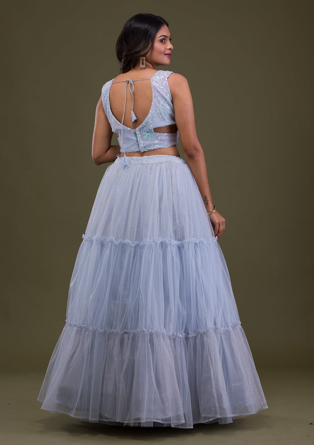Grey Sequins Net Readymade Lehenga-Koskii