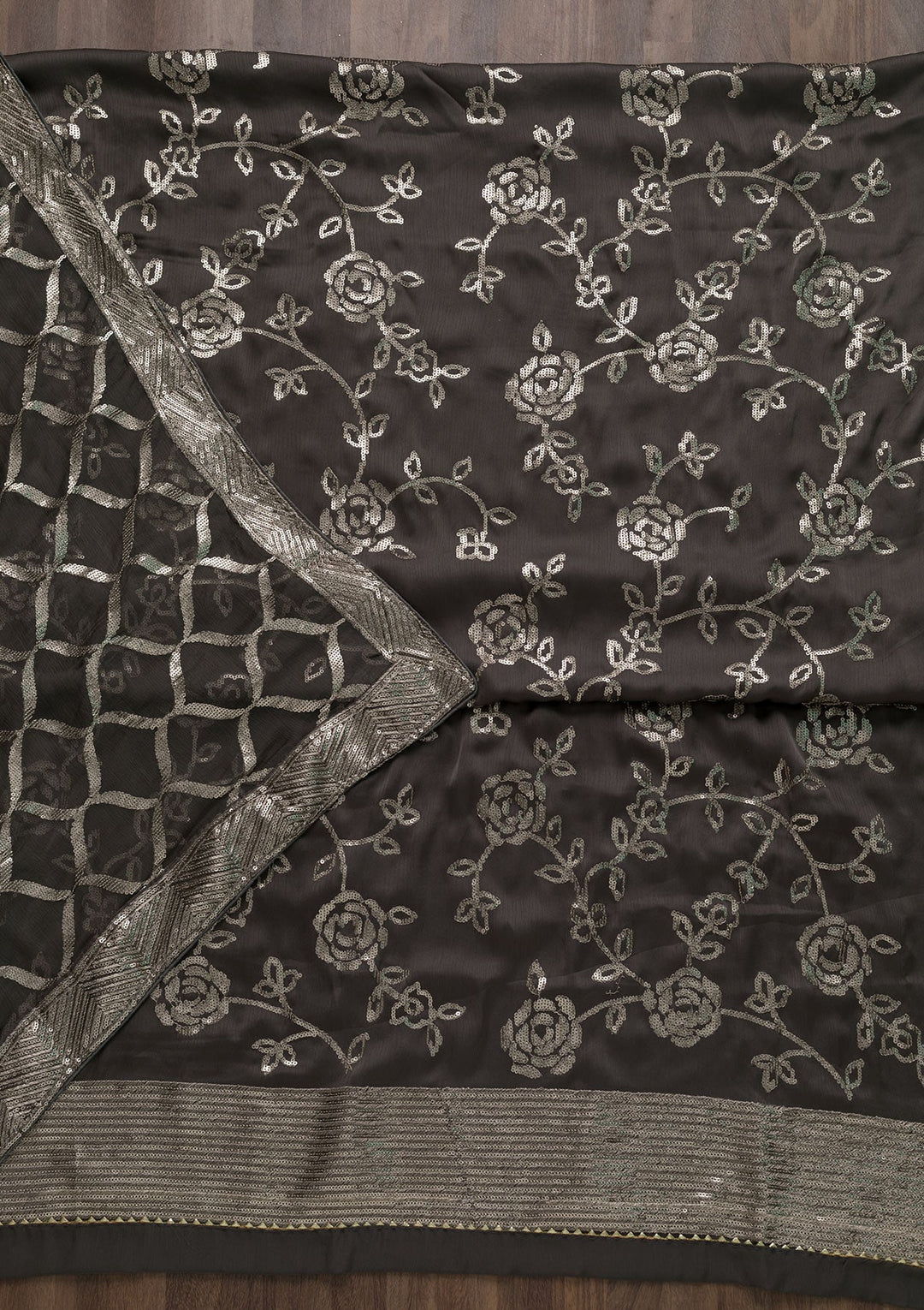 Grey Sequins Satin Unstitched Salwar Suit-Koskii