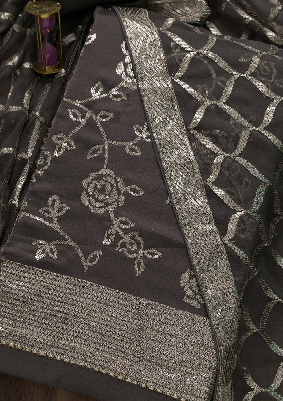 Grey Sequins Satin Unstitched Salwar Suit-Koskii