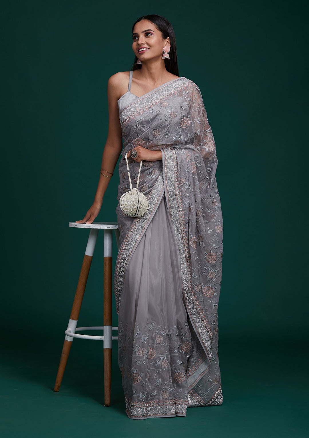 Grey Silver Stonework Tissue Saree - Koskii