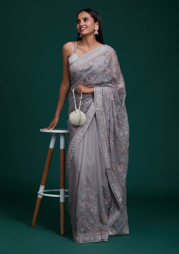 Grey Silver Stonework Tissue Saree - Koskii