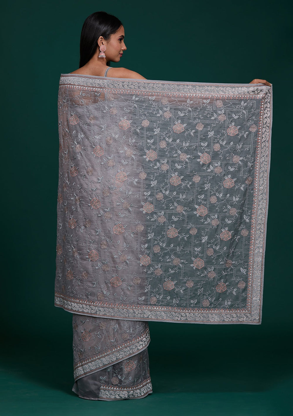 Grey Silver Stonework Tissue Saree - Koskii