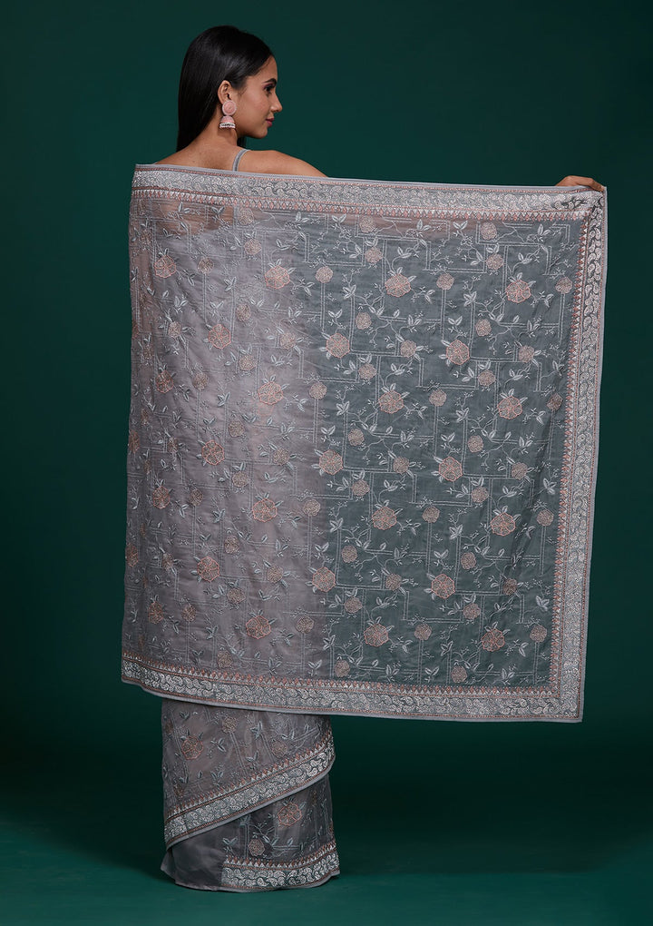 Grey Silver Stonework Tissue Saree - Koskii