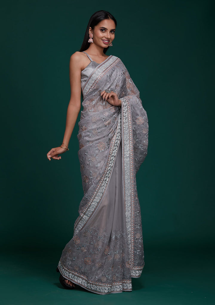 Grey Silver Stonework Tissue Saree - Koskii