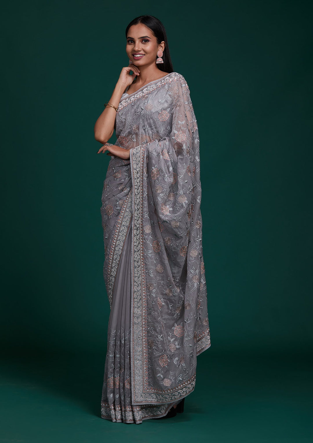 Grey Silver Stonework Tissue Saree - Koskii