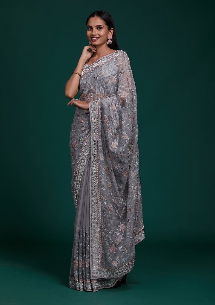 Grey Silver Stonework Tissue Saree - Koskii