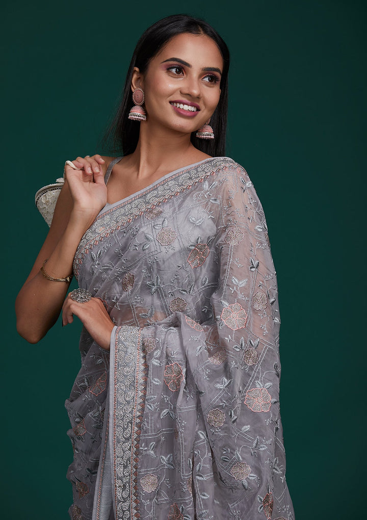 Grey Silver Stonework Tissue Saree - Koskii