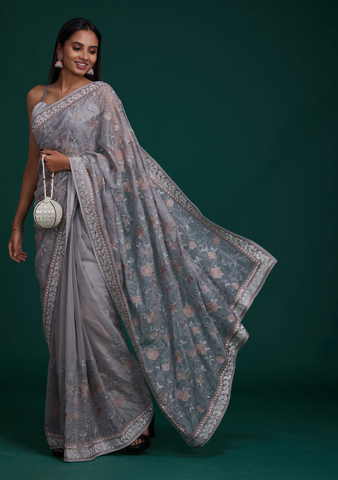Grey Silver Stonework Tissue Saree - Koskii