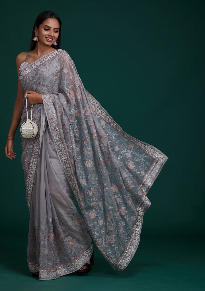 Grey Silver Stonework Tissue Saree - Koskii