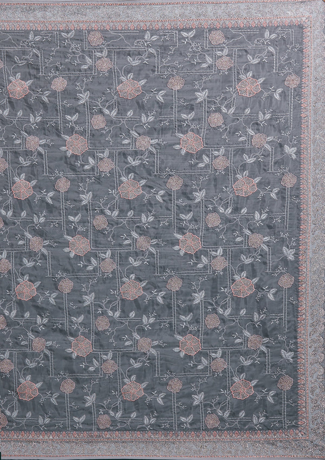 Grey Silver Stonework Tissue Saree - Koskii