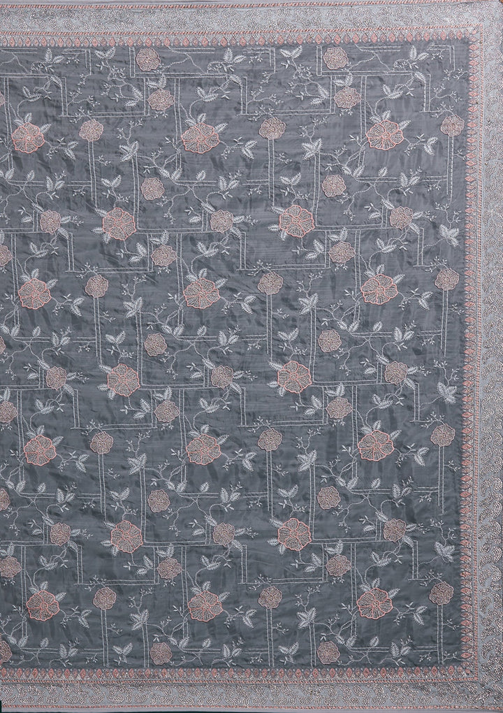 Grey Silver Stonework Tissue Saree - Koskii