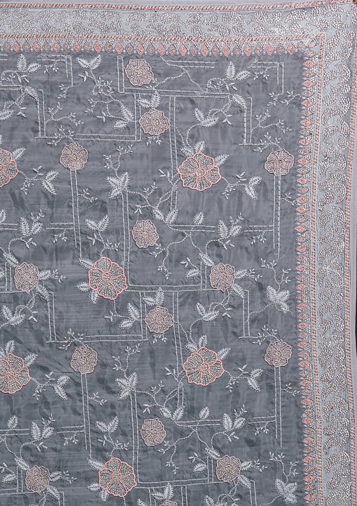 Grey Silver Stonework Tissue Saree - Koskii