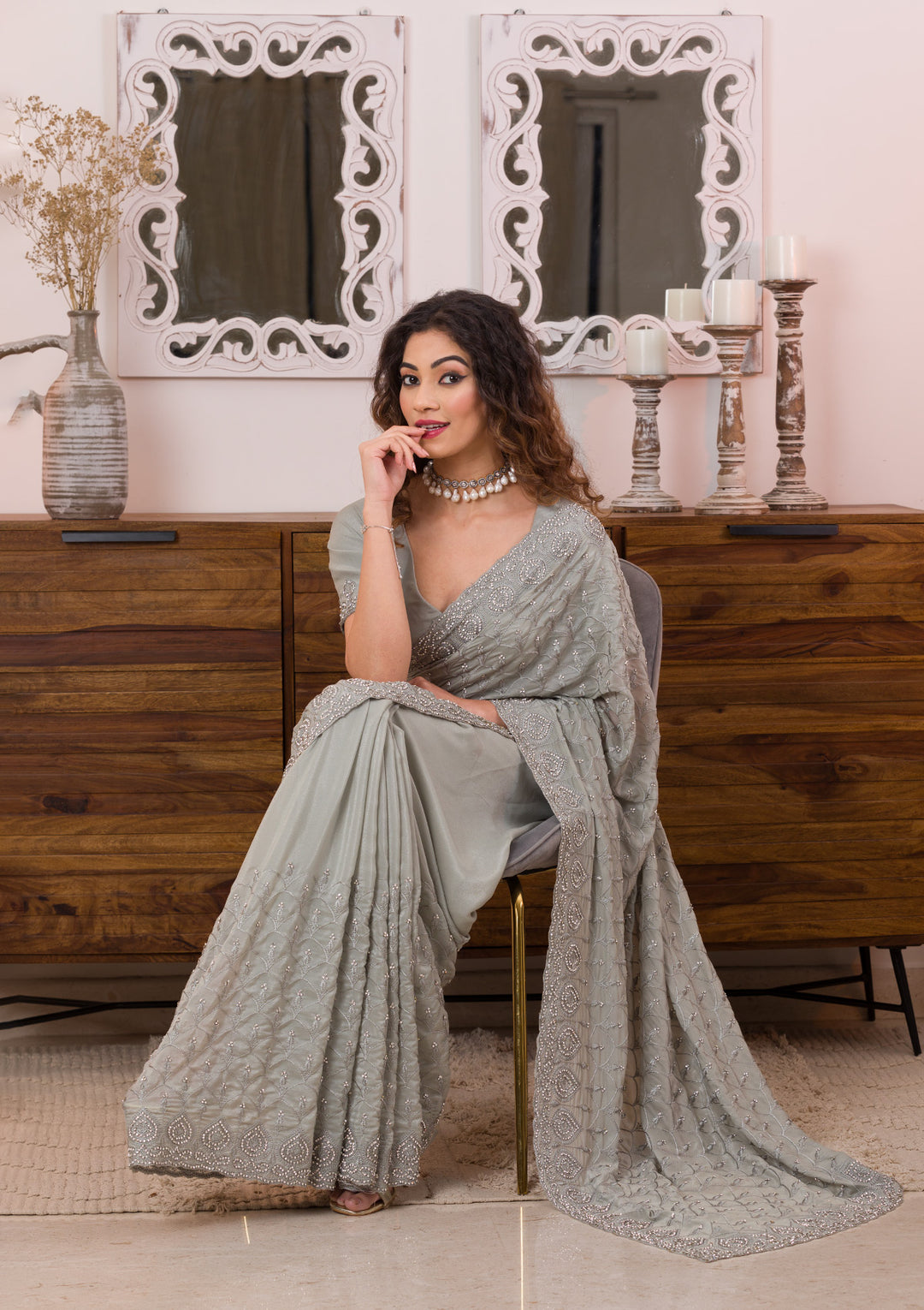 Grey Threadwork Georgette Designer Saree-Koskii