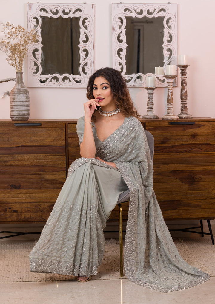 Grey Threadwork Georgette Designer Saree-Koskii