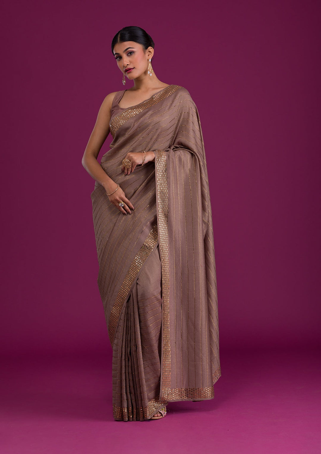 Grey Stonework Satin Unstitched Saree-Koskii