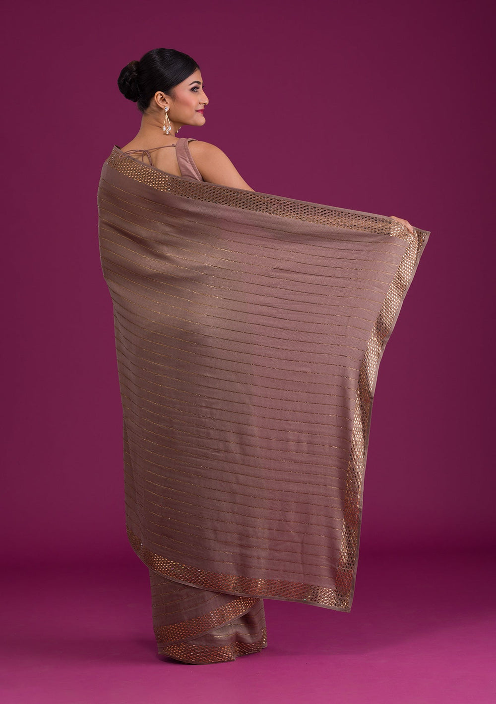 Grey Stonework Satin Unstitched Saree-Koskii