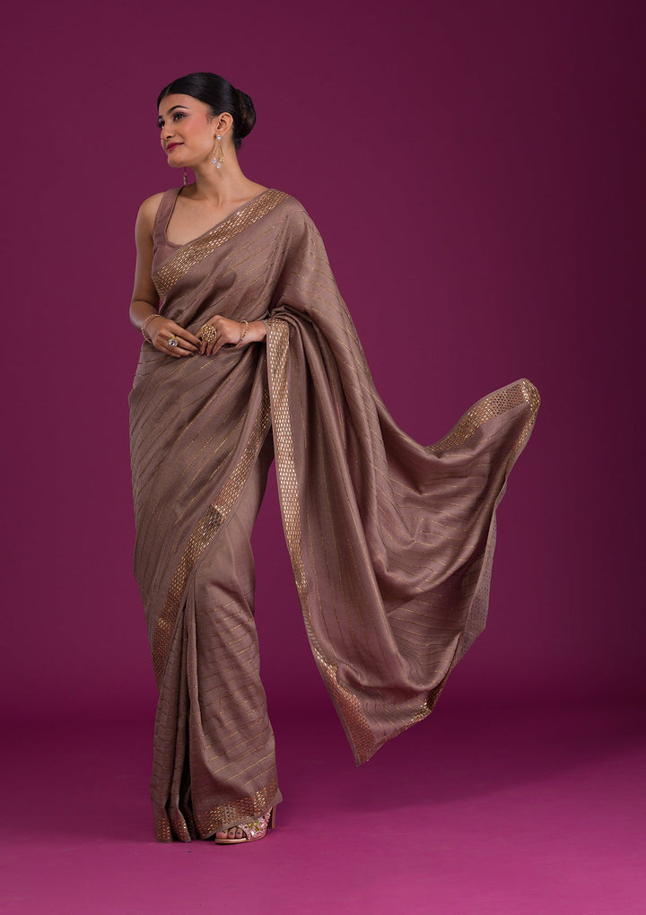 Grey Stonework Satin Unstitched Saree-Koskii