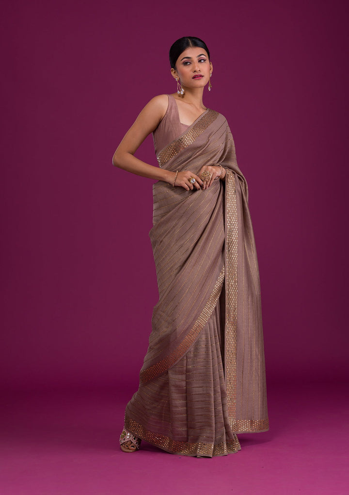 Grey Stonework Satin Unstitched Saree-Koskii