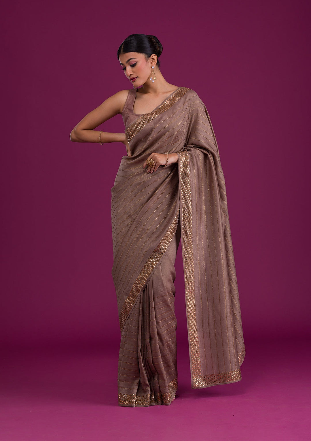 Grey Stonework Satin Unstitched Saree-Koskii