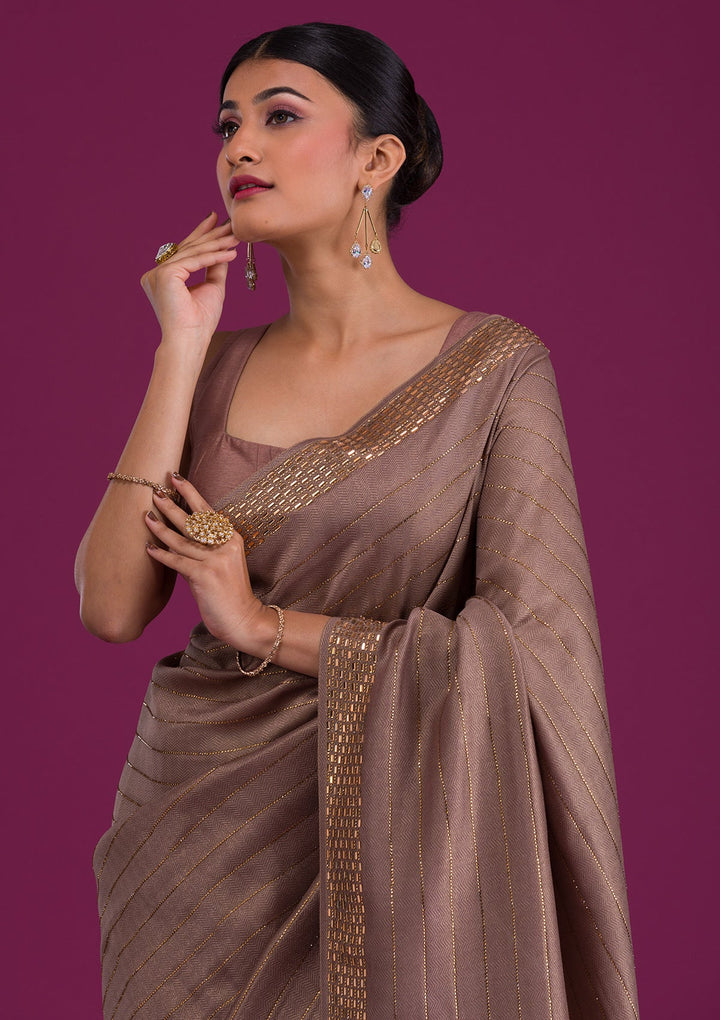 Grey Stonework Satin Unstitched Saree-Koskii