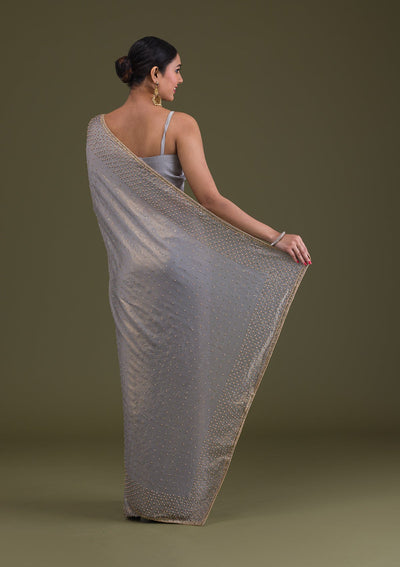 Grey Stonework Satin Saree-Koskii