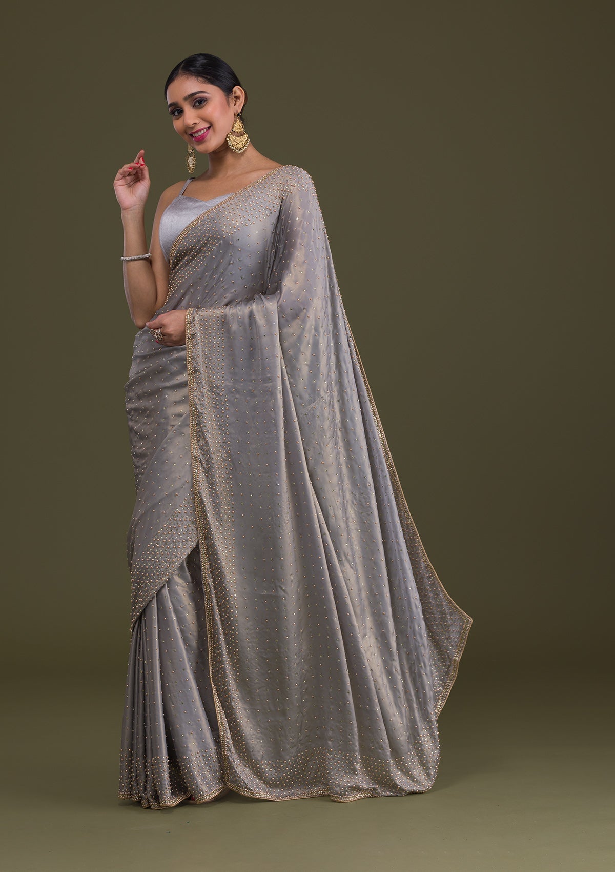 Grey Stonework Satin Saree-Koskii