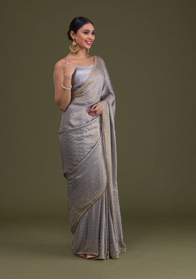 Grey Stonework Satin Saree-Koskii