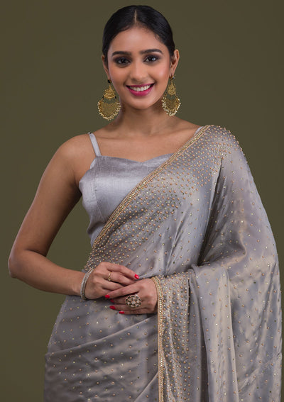 Grey Stonework Satin Saree-Koskii