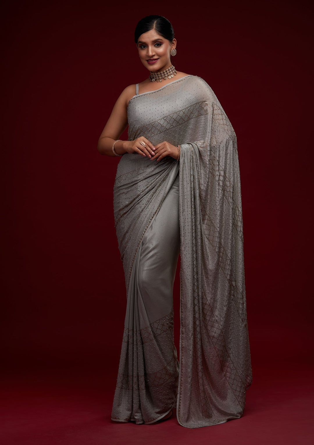 Grey Stonework Semi Crepe Designer Saree - Koskii