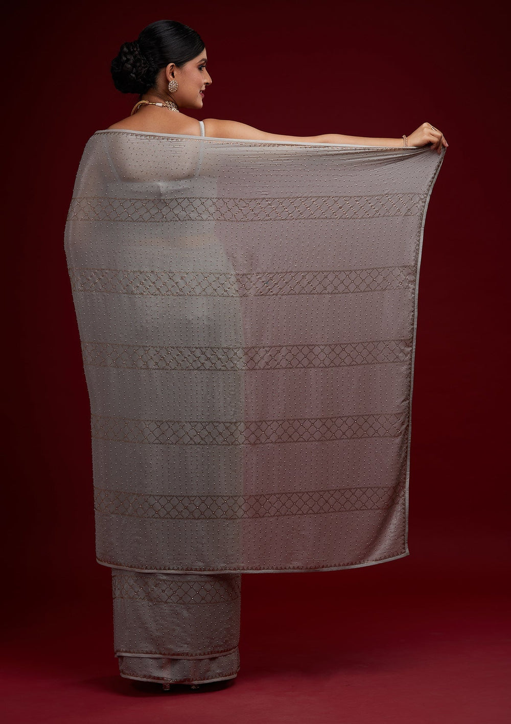 Grey Stonework Semi Crepe Designer Saree - Koskii